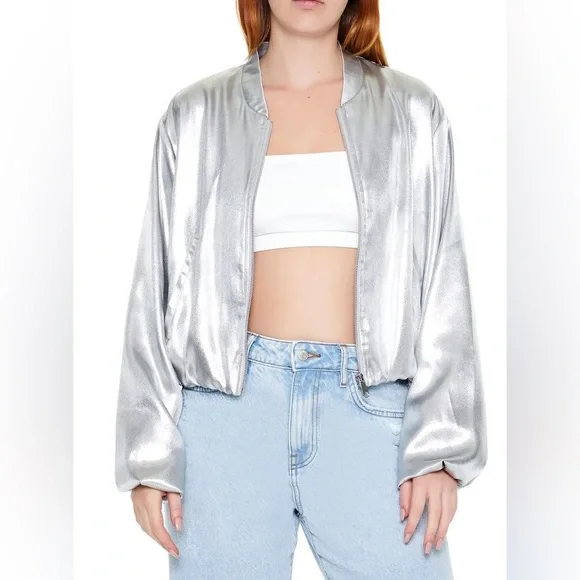 Forever 21 Jackets Coats Metallic Silver Cropped Bomber